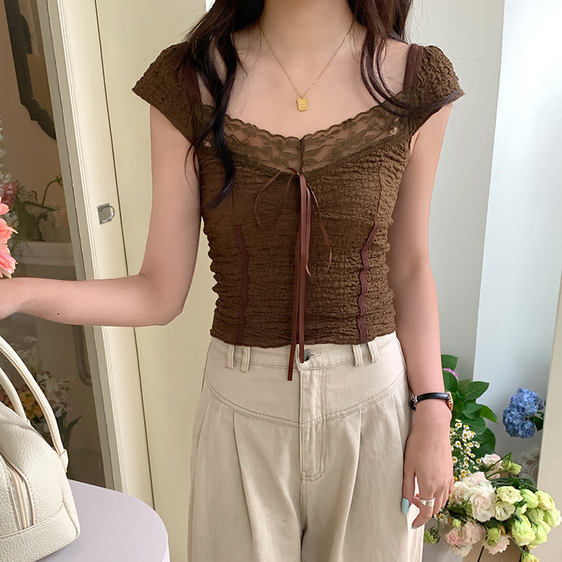 Summer New Women S T Shirt Summer American Retro Brown Textured Lace Spicy Girl Low Neck Bow Patchwork Short Sleeve T Shirt For Women New Designer T S