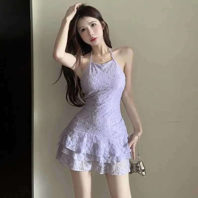 Pure Erotic Halter Neck Backless Lace Splicing Suspender Small Slim and Slim Ruffled Dress R250716