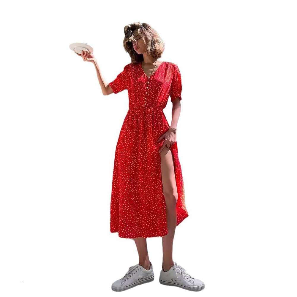 Polka Dot Summer V-Neck Waist-Cinching Slit Mid-Length Red Short-Sleeve Dress For Women B5