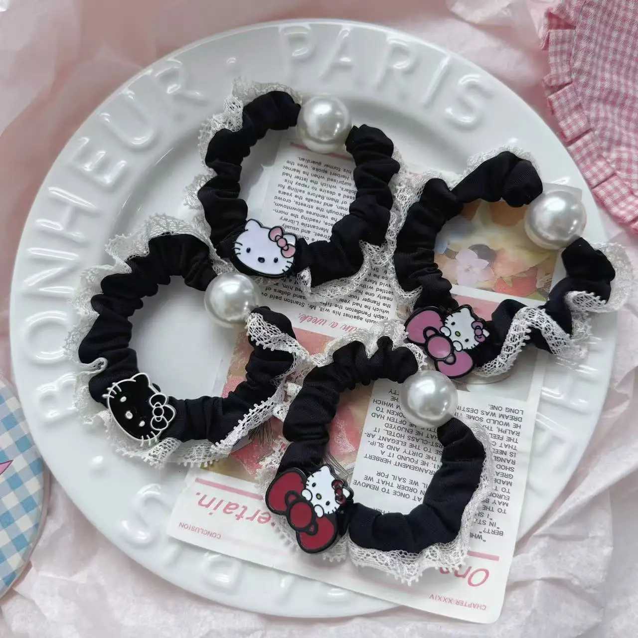 Sanrio 4pcs Sanrio Retro Small Fragrant Lace Edge Kitty Cat Hairband Girl High Ponytail Hair Ropew250716