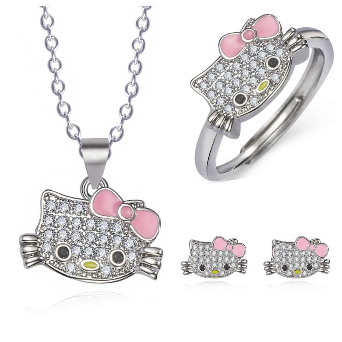 Sanrio Kawaii Hello Kitty Rhinestone Necklace Ring Adjustable Pendant Accessories Girls Toy Gift w250716