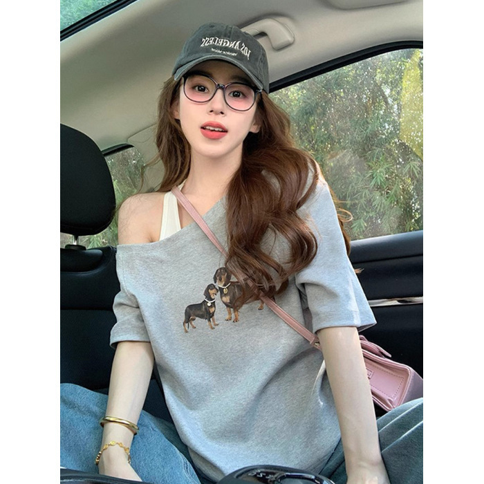 Summer New Women S T Shirt Gray Asymmetrical Short Sleeve T Shirt For Women Summer New Puppy Print Design American Style Loose Off Shoulder Top Ins Ne