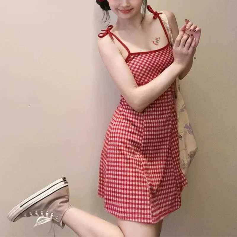 Summer Girls Sweet Red Plaid Slip Dress Lady Korean Designer Bowknots Slim Fit Skirts Female Beach Vacation A-line Short Dress R250716
