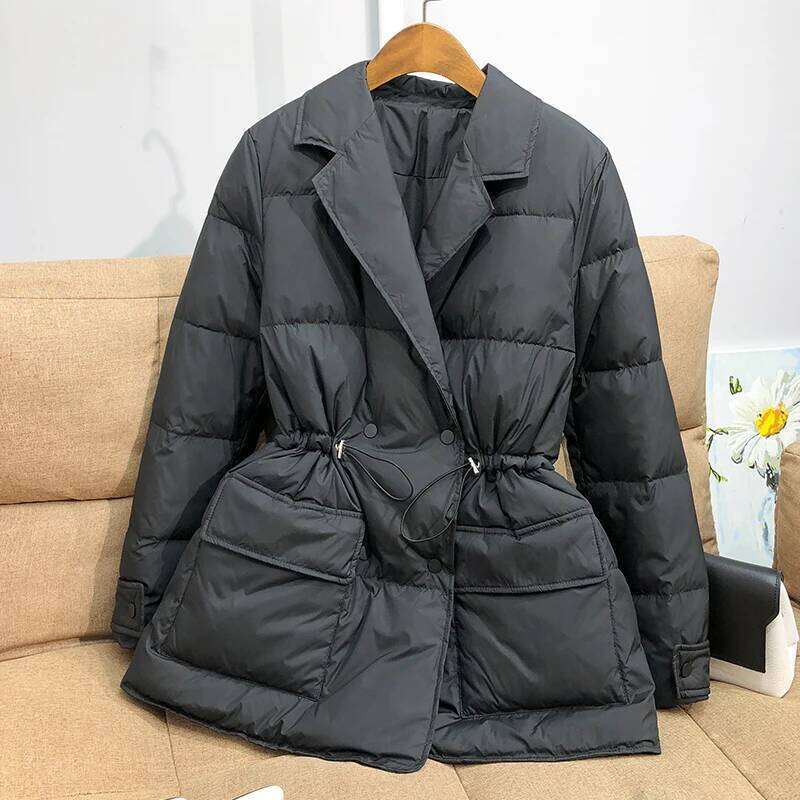Lagabogy New Winter Women White Duck Down Coat Female Notched Collar Double Breasted Coats Casual Lady Drawstring Puffer Outwear MDNG