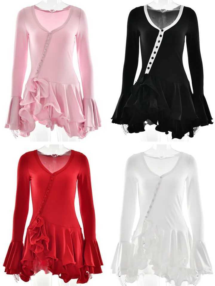 Absobe Womens A-Line Bodycon Mini Dress Ruffle Hem V-Neck Asymmetrical Buttons Long Sleeve Short Dress Party Streetwear Outfits R250716