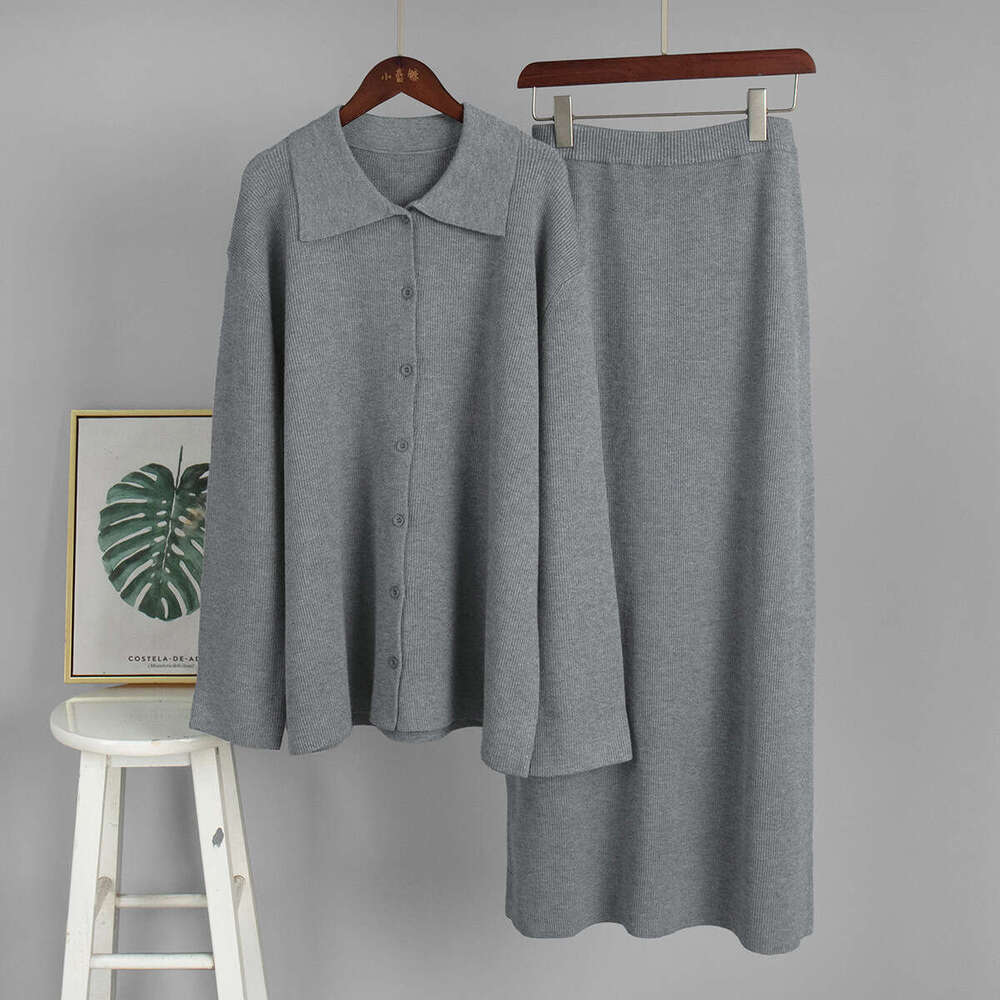 Knitted And Skirt Autumn Winter Polo Collar Cardigan Two-Piece Sweater Set For Women B5