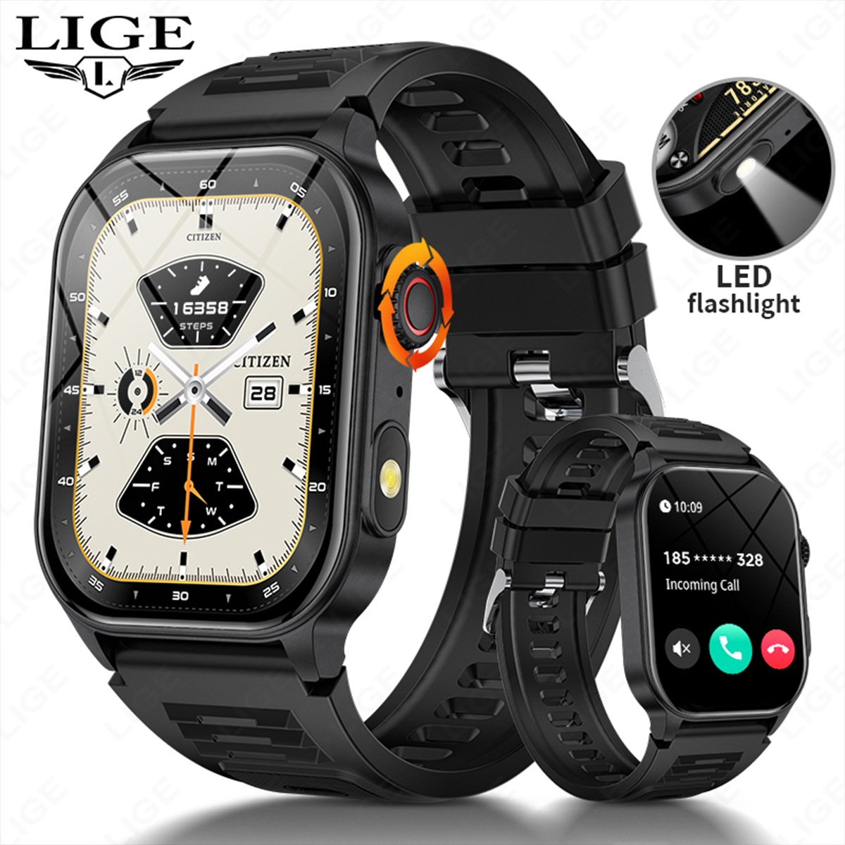 LIGE universal smartwatch features wireless communication, multiple sports modes, multi-language display, step counting and heart rate monitoring IP68