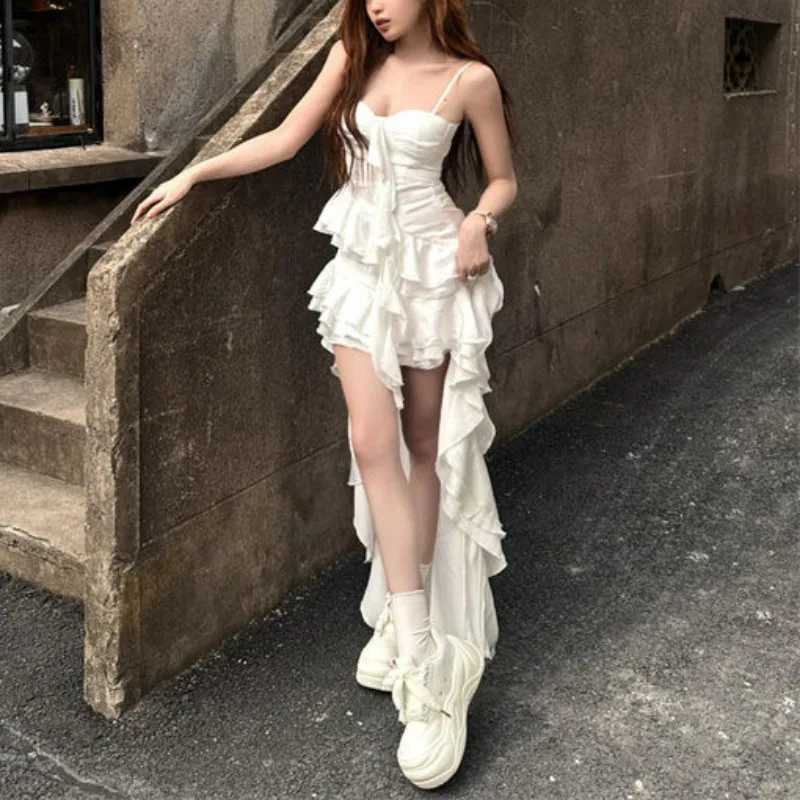 2025 Elegant Ruffle Hem High Low Dress Womens Sleeveless Spaghetti Strap White Gothic Vintage Fairycore Aesthetic Midi Dress R250716