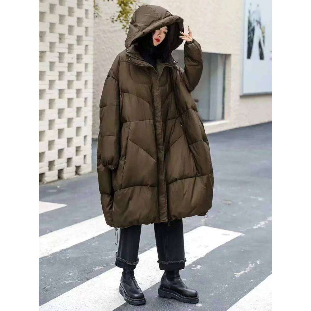 Lagabogy 2025 New Winter Women 90% White Duck Down Jacket Casual Loose Over Size Thick Outwear With Hood Female Warm Puffer Coat