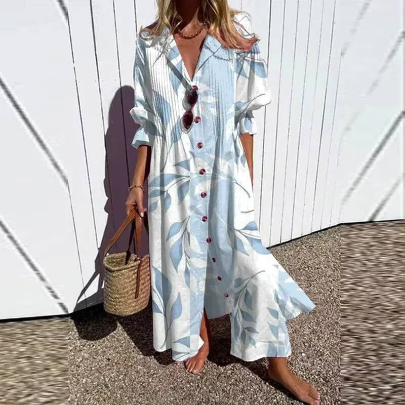 2025 Retro Pattern Printed Vacation New Womens V-neck Single Breasted Shirt Casual Loose Bohemian Long Dress dongdumaoyi