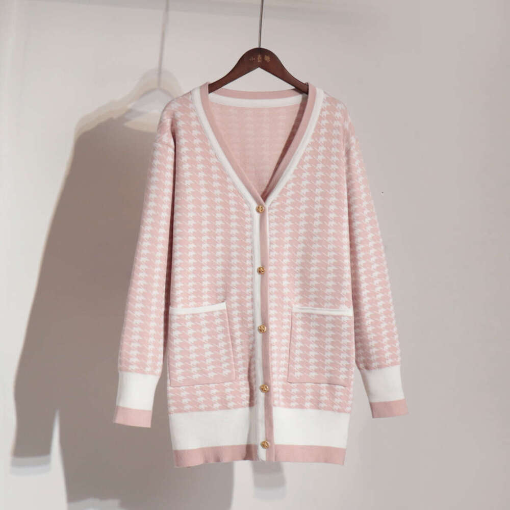 Houndstooth Autumn Winter New Elegant Women's French Loose Sweater Cardigan B5