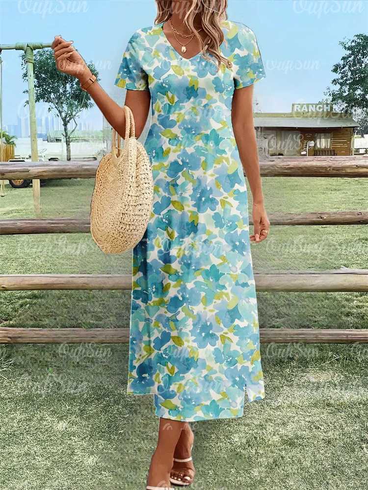 2024 New Womens Dresses Floral Print Summer Elegant Midi Dresses Vacation Female Short Sleeve Dress Fashion Oversized Clothes R250716