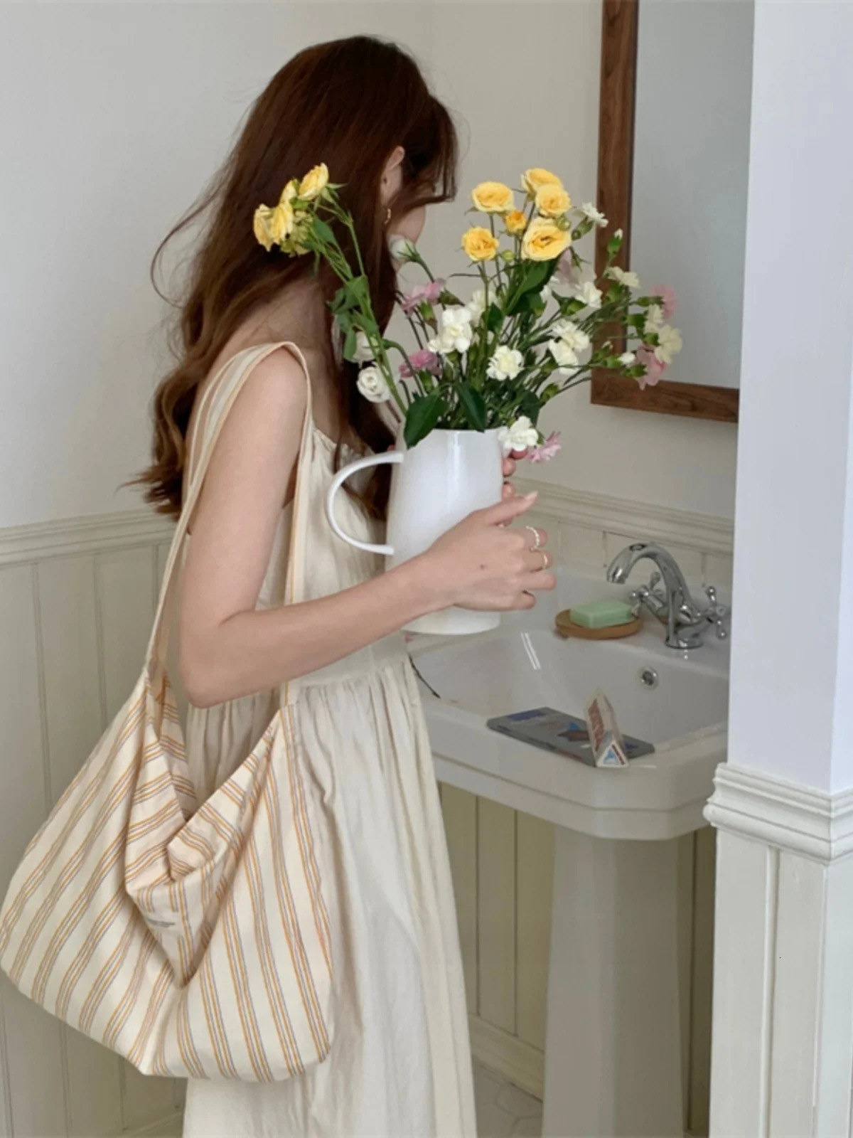 Japanese Sle Striped Canvas Tote Bag Single oulder Large Capaci Underarm Bag for Women Going to Work Student Crossbody ... 250714
