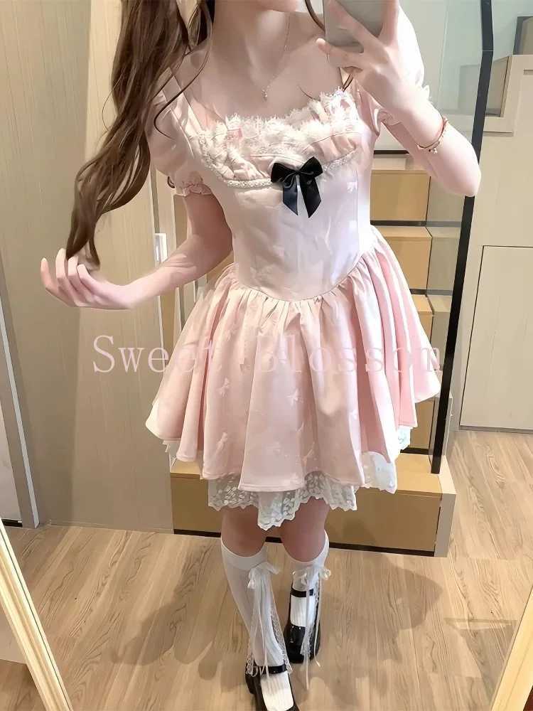 Korean Sweet Pink Bow Bubble Sleeve Dress Women New Fashion Fit Chic Party Fairy Fluffy Dresses Summer Harajuku Y2k Slim Clothes R250716