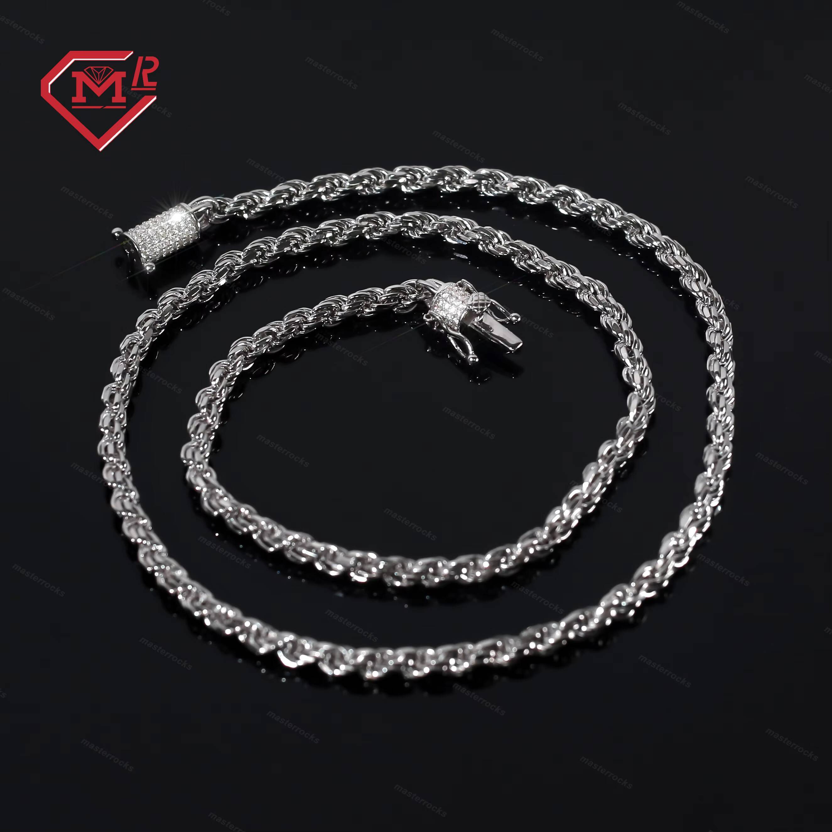 Custom 4mm 5mm Silver Rope Chain 925 for Men Hip Hop Iced Out Moissanite Clasp Moissanite Rope Chain