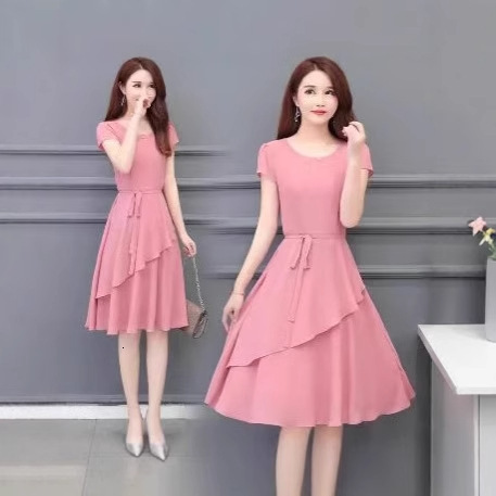 2025 Summer High-End Waist-Cinching Slimming Age-Reducing Slim Fit Elegant Mid-Length A-Line Round Neck Plus Size Loose Women's Dress