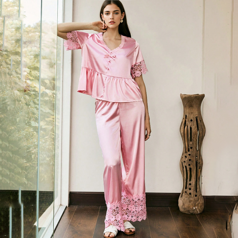 New Women's Spring/Summer Silk Color Lace Short Sleeve Long Pants Nightwear Set Homewear