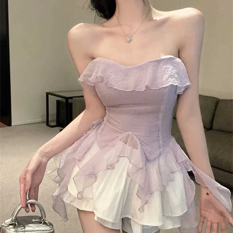 Women Sexy Off Shoulder Ruffle Asymmetrical Blouses Summer Sweet Chic Sleeveless Chiffon Shirts Solid Slim Fit Fairy Party Tops R250716