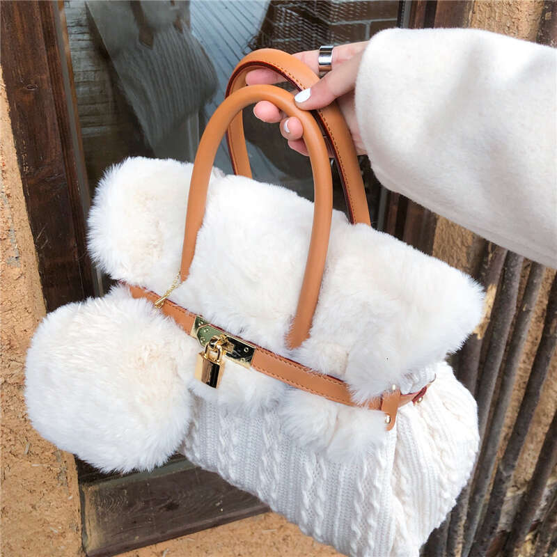 Autumn/Winter Fluffy Womens Wool Knit Handbag with Adorable Rabbit Fur Detail
