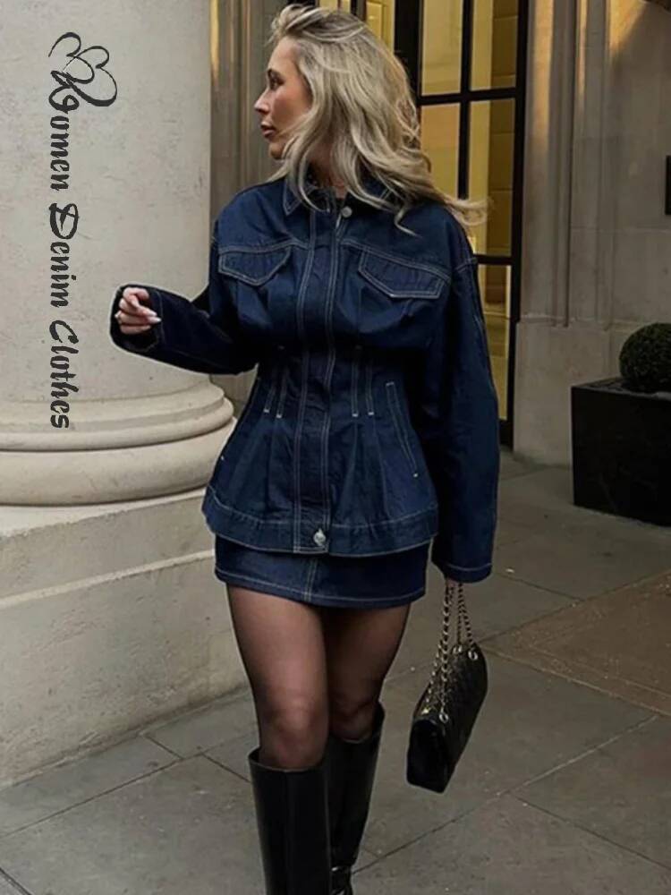 Street Denim Lapel Jacket Women Slim Long Sleeve Single Breasted Female Midi Jackets 2025 Spring Fashion Retro Waist Outwear
