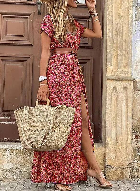 2024 Independent Station Hot Sale WISH Fashionable Bohemian Style V-Neck Floral Dress European And American Market Trend dongdumaoyi