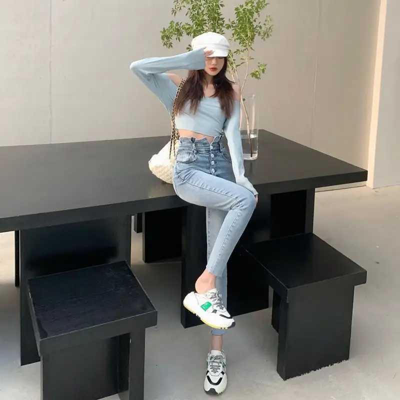 Rhinestone Buttons Woman Pencil Jeans Fashion Fitted Denim Ankle Pants for Women Spring Autumn High Waist Slim Fit Trousers R250716