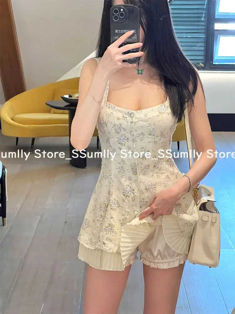 2025 Summer Floral Sling Dress Set Women Durable Shorts + Slim Sleeveless Dress Suit Sexy French Style Fashion Sets Petite Female R250716