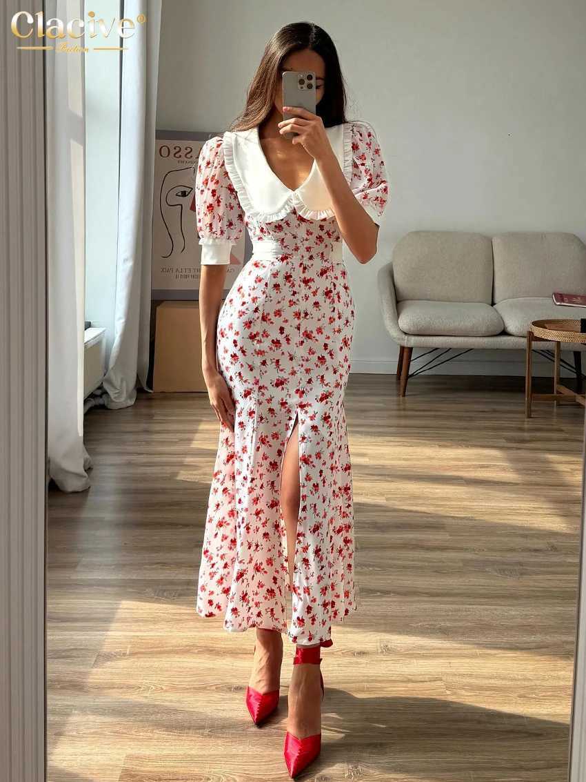 Clacive Fashion Slim Print Womens Dress Summer Lapel Short Sleeve Ankle Length Dresses Elegant High Waist Slit Female Dress R250716
