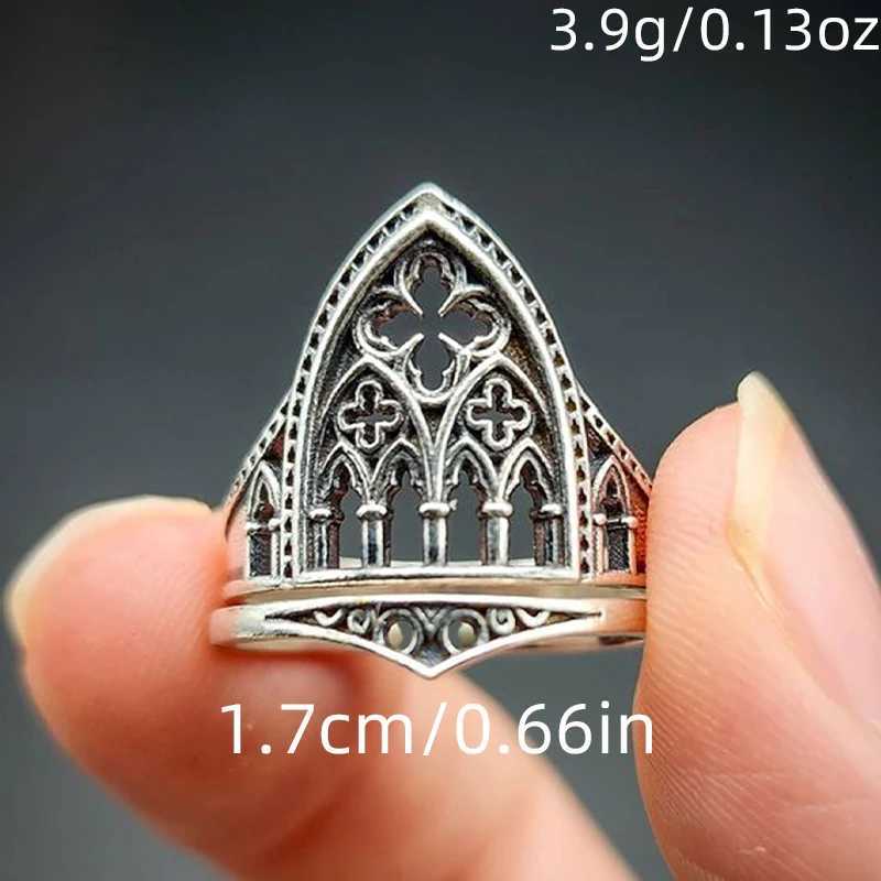 1pc Vintage Castle Architectural Style Hollow Out Flowers Geometry Gothic Metal Silver Color Open Ring Woman Party Prom S250716