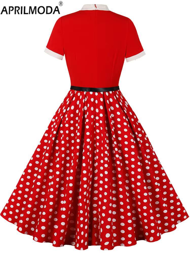 Polka Dot Print Patchwork Vintage Style A Line Swing Flare Dress Short Sleeve Red Pink Black 1950s Summer Holiday Casual Dresses dongdumaoyi