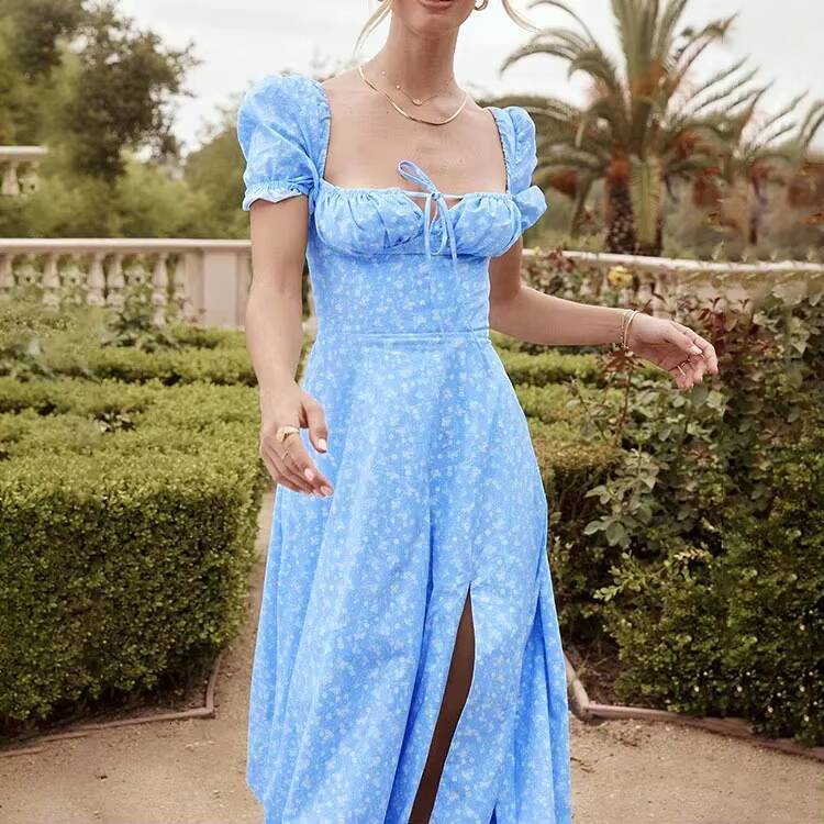 2024 Amazon Womens Fashion Spring New Printed French Floral Open-Back Slims Smooths Your Silhouette Tank Side Slit Dress dongdumaoyi