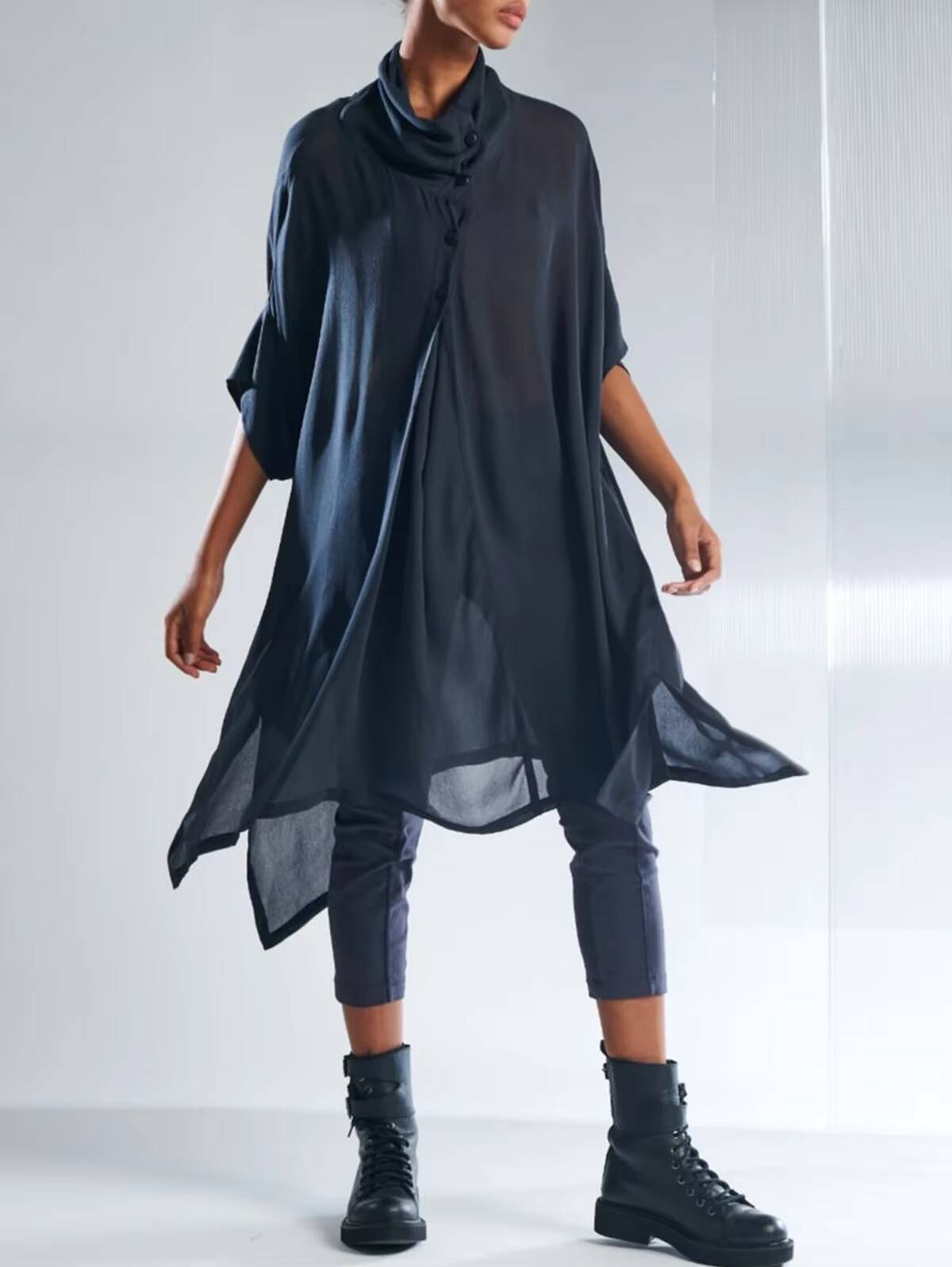 Casual Plain Cowl Neck Half Sleeve Asymmetrical Hem Midi Sexy Pleated Tank Summer Chiffon High Street Fashion Dress dongdumaoyi