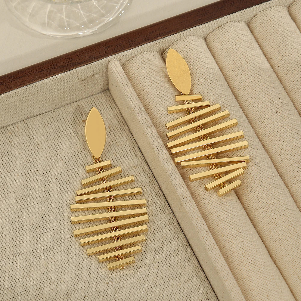 Large Stainless Steel Dangle Earrings For Women Fish Bone Drop Earrings Gold Color Waterproof Wedding Female Jewelry 250715