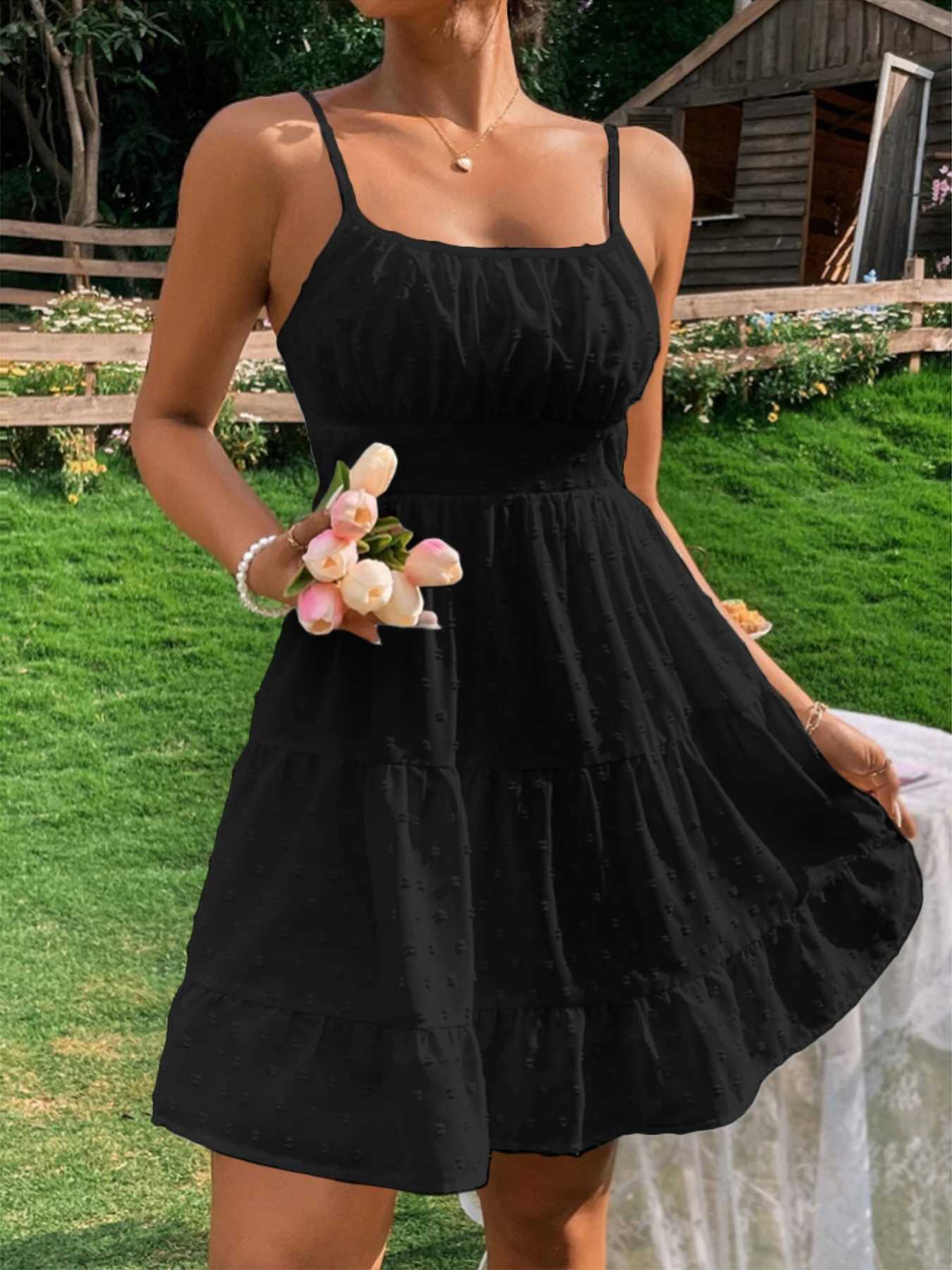 Summer Womens Sexy Waist-Cinching Ruffled Plain Color Sleeveless Camisole Dress R250716