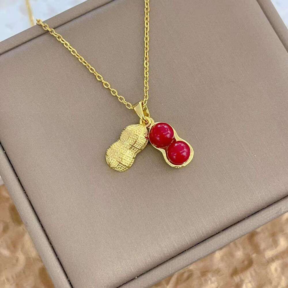 Golden Fashion Simple Niche Elegant Exquisite Red Peanut Pendant Necklace Collarbone Chain For Women E1e