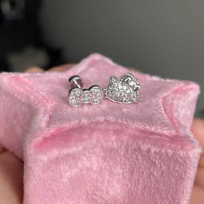 Sanrio 1 Piece Full Rhinestone Cat Ear Bone Stud Flat Titanium Steel Screw Earrings Snail Studs Daily Versatile Women Earringsw250716