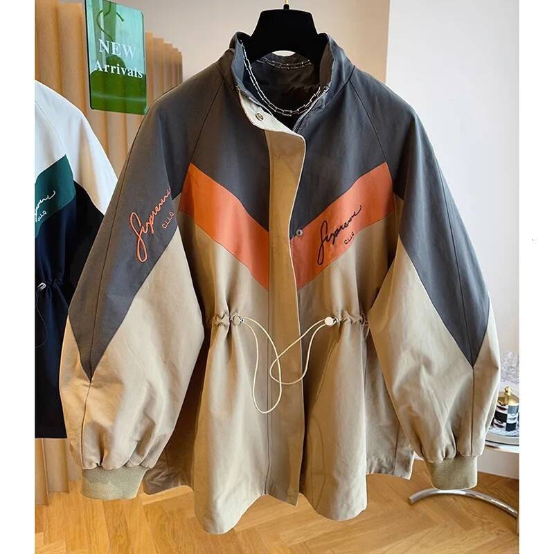 Fashion Contrast Color Women Jacket Casual Loose Zipper Single Breasted Drawstring Jackets 2025 New Streetwear Ladies Outerwear
