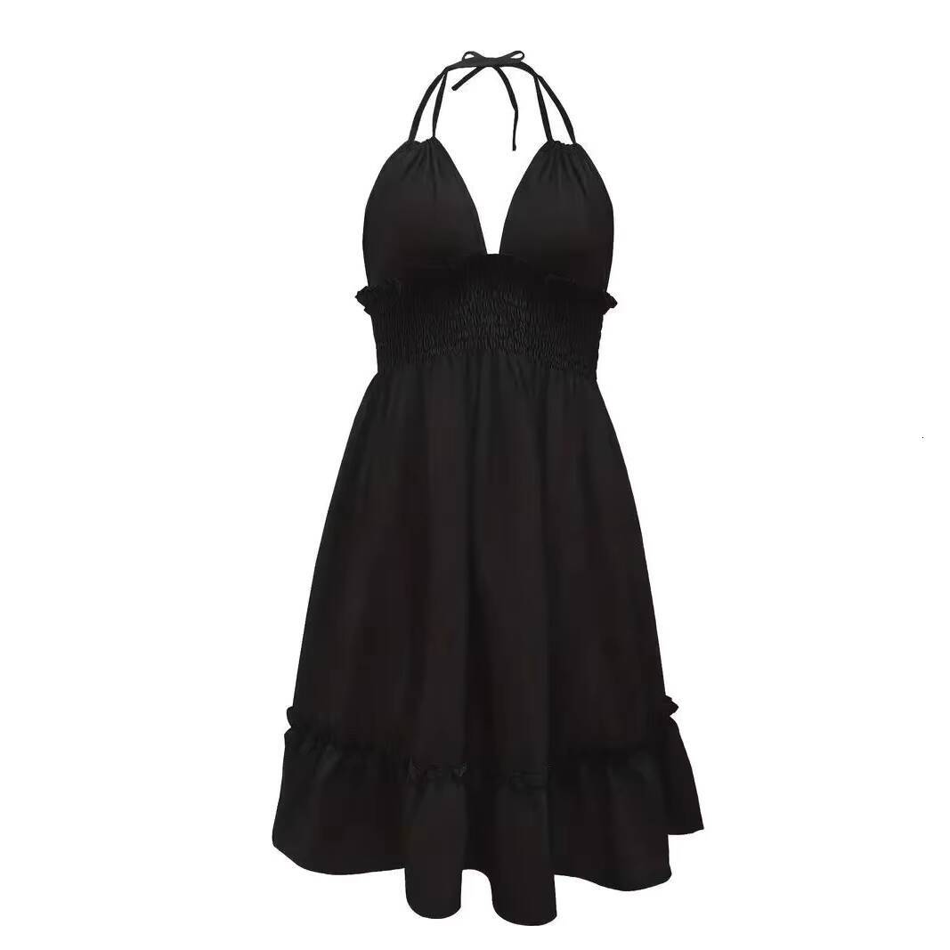 Summer For Women Trendy Solid Boho Dress V Neck Sleeveless Halter Backless Sundress Ruffles Holiday Beach Dresses dongdumaoyi
