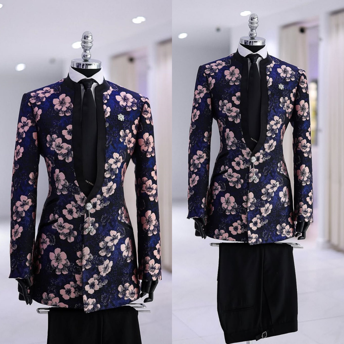 Stylish Men Suits Tailor-Made 2 Pieces Standard Lapel Jacket Flowers Blazer One Button Evening Party Groom Customized Coat Black Pants Plus Size