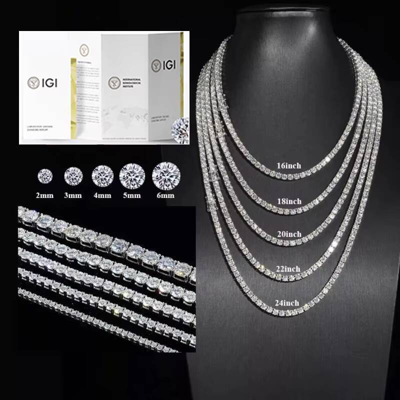 3mm Lab Grown Diamond Tennis Chain Necklace Bracelet IGI Certified 925 Silver Tennis Diamond Chain