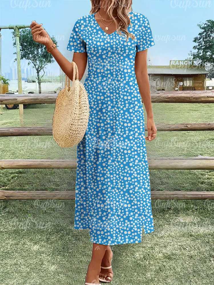 2024 New Womens Dresses Floral Print Summer Elegant Midi Dresses Vacation Female Short Sleeve Dress Fashion Oversized Clothes R250716