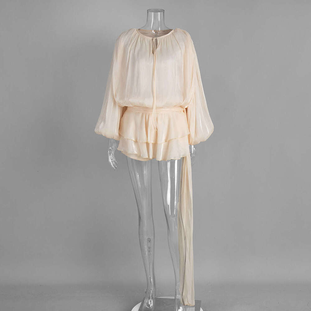 Chiffon Long Summer New Lantern Sleeve Tie Short Ruffle Dress B5
