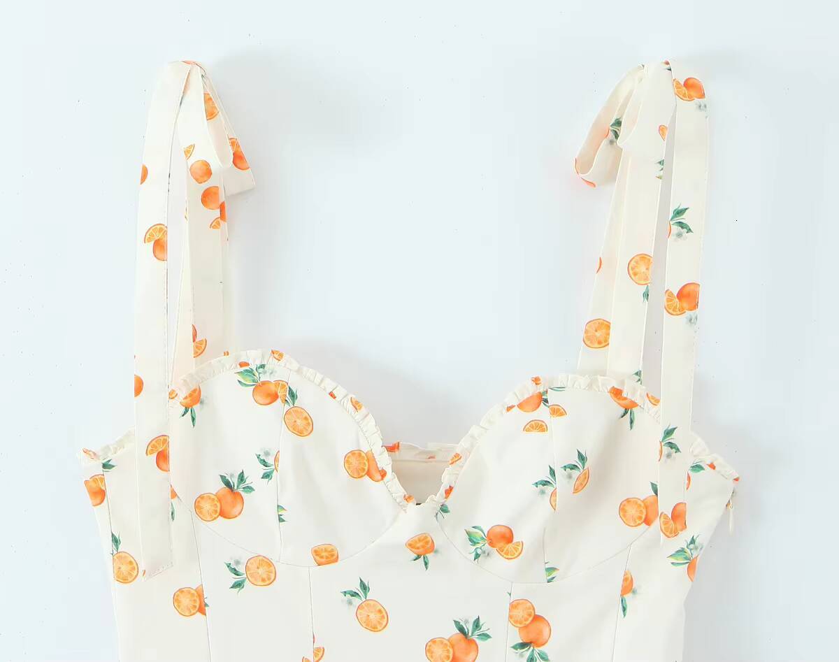 MYSTZA2025 new summer womens casual heart-shaped collar orange print poplin suspender dress short skirt dongdumaoyi
