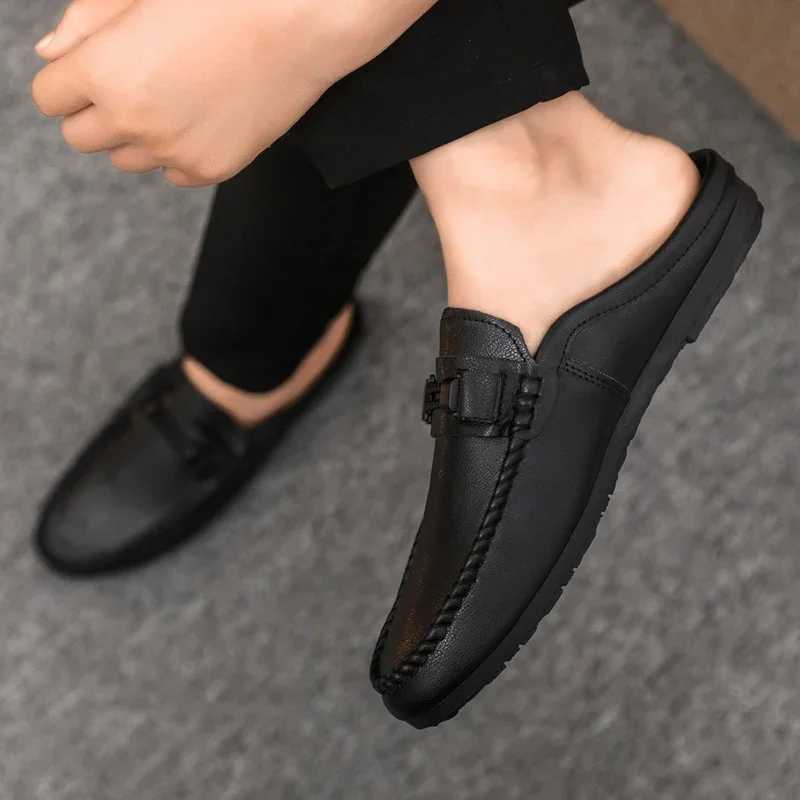 Leather Men Half Slippers Summer Breathable Mens Casual Shoes Slip-on Lazy Driving Shoes Comfortable Walking Loafers Moccasins W250716