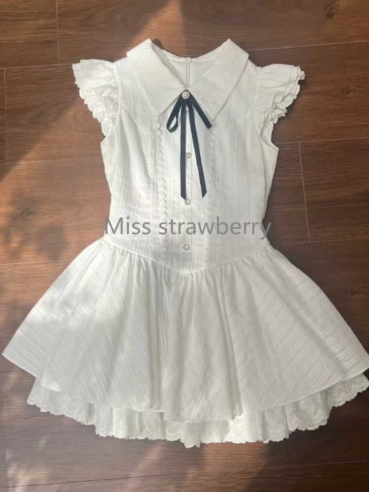 Summer France Elegant Lapel Slim White Dress Women Design Sweet Lace Bow Preppy Style Dresses Fashion Thin New Short Dresses R250716