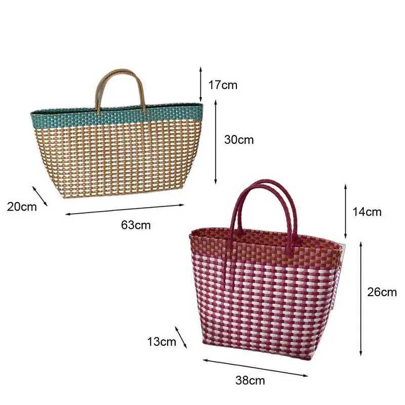 Hylhexyr Woman Woven Beach Bag Color Block Large Capacity Vegetable Basket Tote Bags Hand Woven Handbag