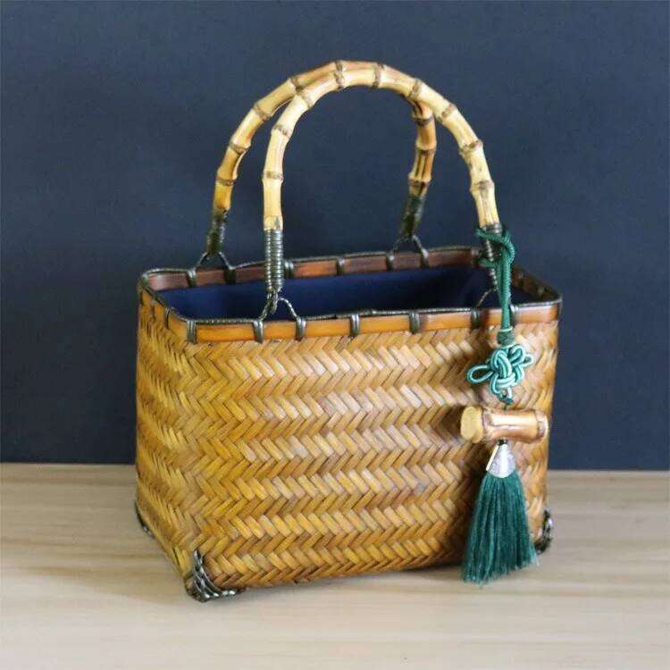 SUNNY BEACH Square Chinese Traditional Natural Bamboo Handle Rattan Bag Straw Women Summer Handmade Woven Bohemia Tote Handbag