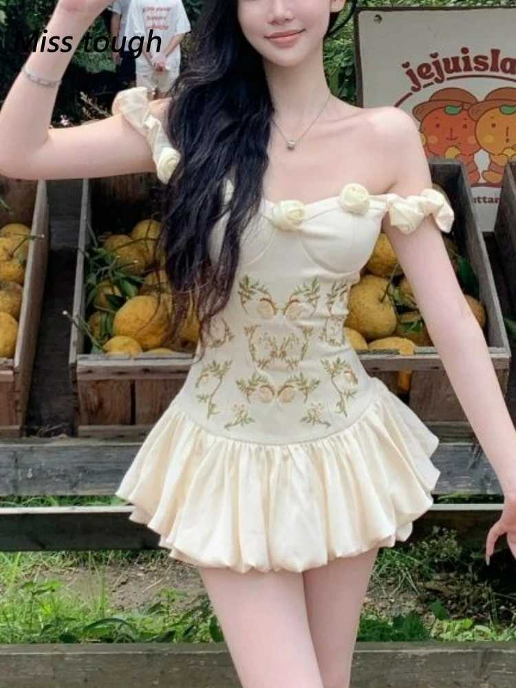 Women Summer Off Shoulder Dress Elegant Embroidered Floral Mini Dress Princess Style Puff Hem Slim Fit Vacation Picnic Outfit R250716