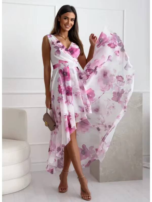 Womens Clothing Spring and Summer New Fashion Lady V-neck Pullover Ruffled Sleeveless Printed Dress dongdumaoyi
