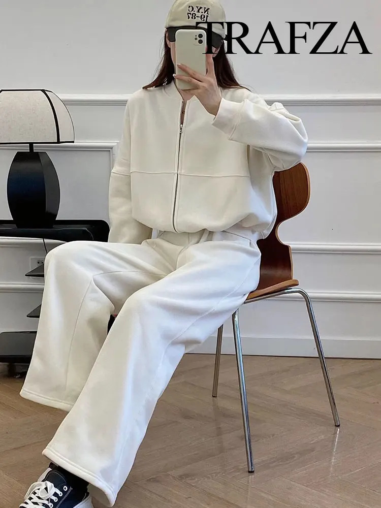 TRAFZA Womens 2-piece Retro Solid Color Zipper Bomber Jacket Sweatshirt High-waisted Lace-up Womens Loose Velvet Pants Suit 250715